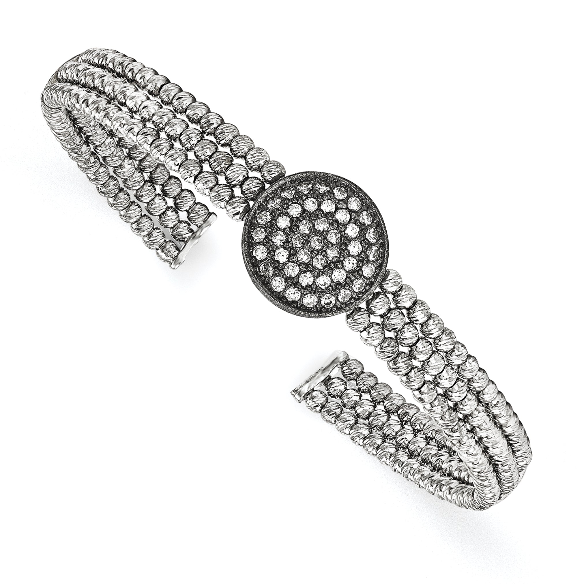 Sterling Silver Black Rhodium-plated 3-strand Beaded Swarovski Crystal Cuff Main image