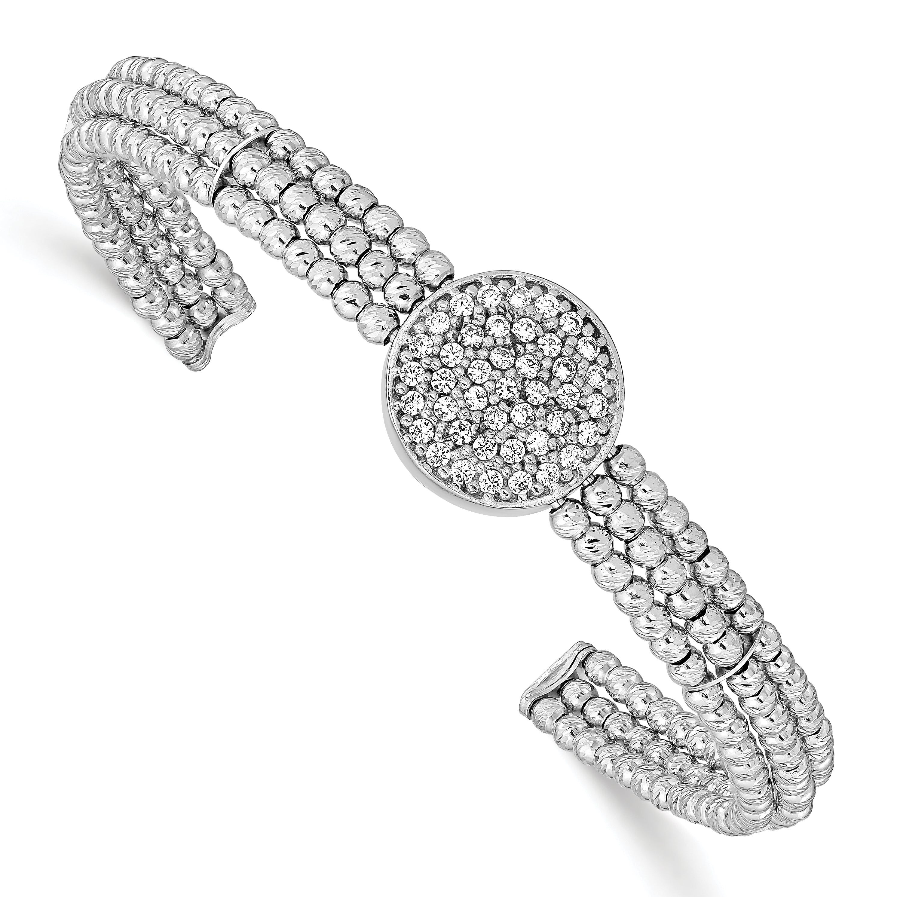 Sterling Silver Rhod-plated Beaded Swarovski Crystal Cuff Bangle