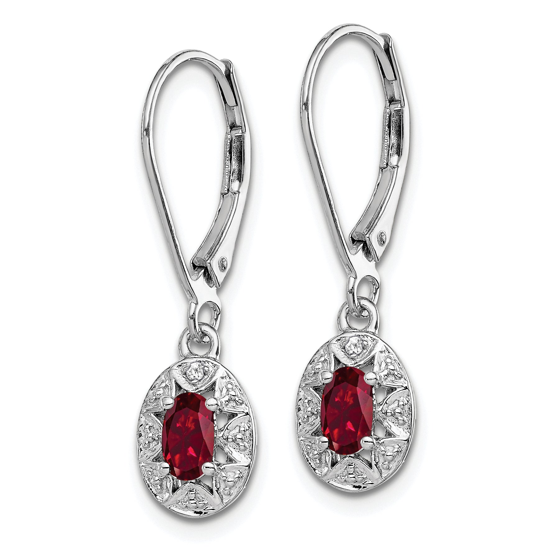 Sterling Silver Rhodium Plated Diamond and Lab Created Ruby Dangle Leverback Earrings