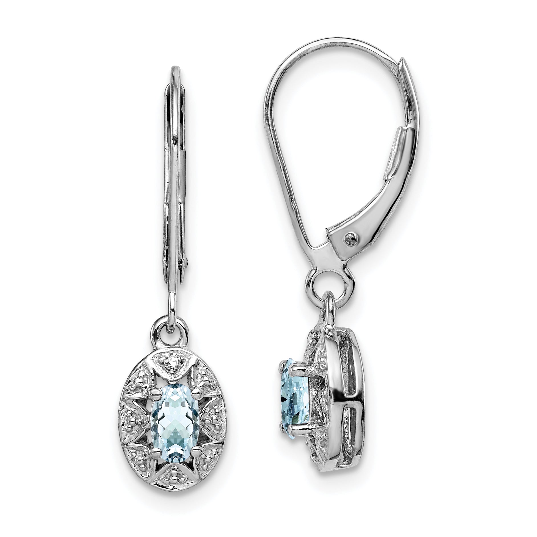 Sterling Silver Rhodium-plated Diam. & Aquamarine Earrings