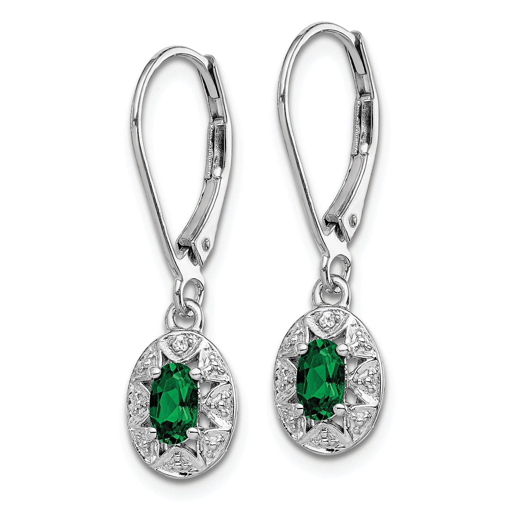 Sterling Silver 925 Rhodium-Plated Emerald and Diamond Drop Earrings Elegant Birthstone Design Secondary image