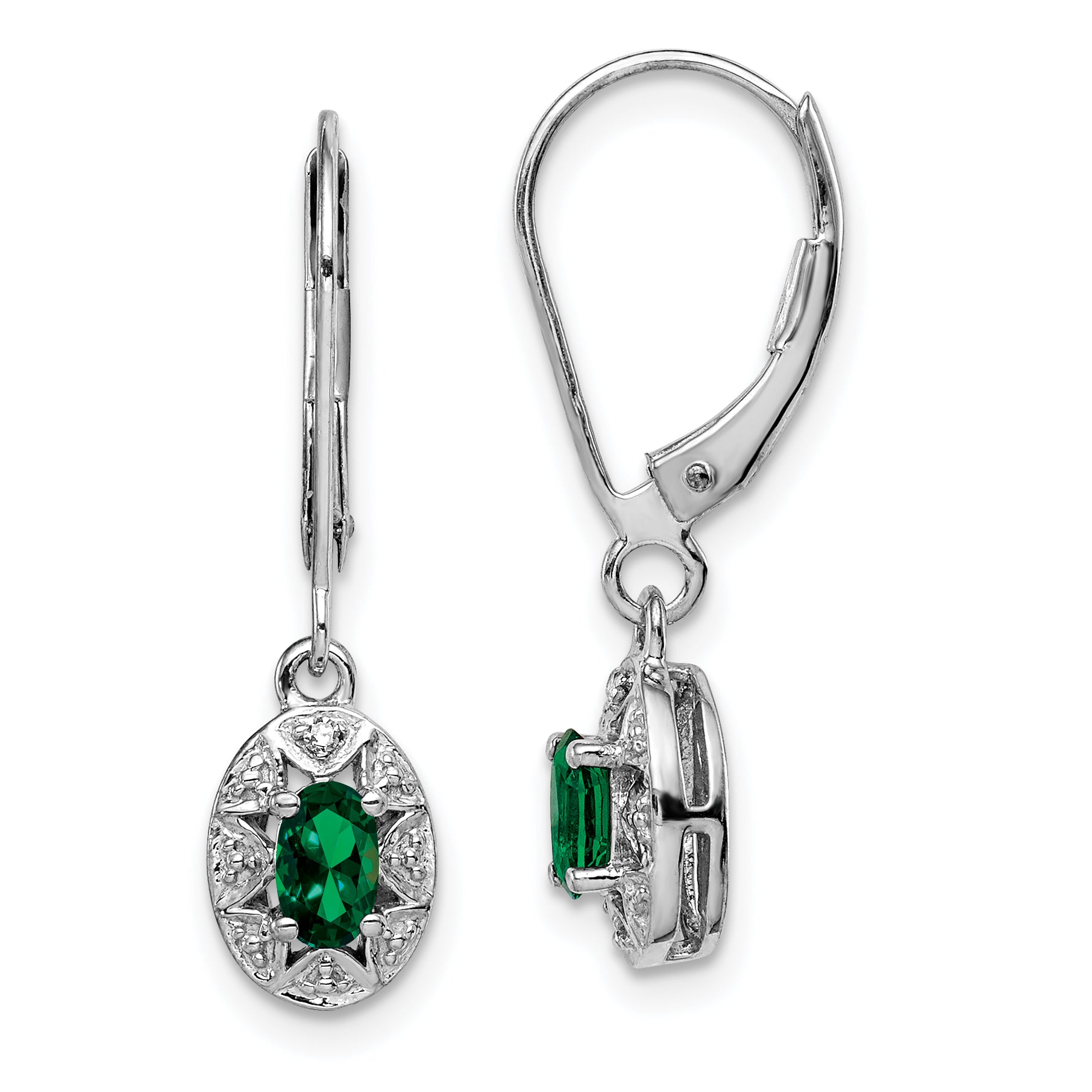 Sterling Silver Rhodium-plated Diamond/Lab Created Emerald Earrings Main image
