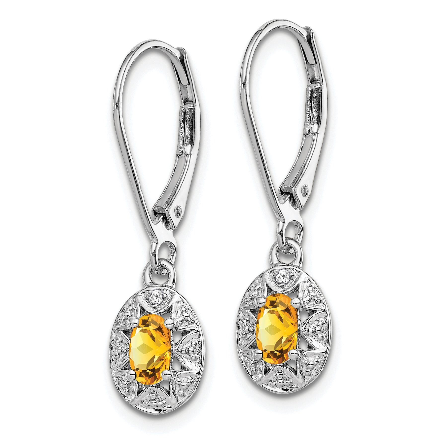 Sterling Silver Rhodium-Plated Citrine and Diamond Drop Earrings  November Birthstone