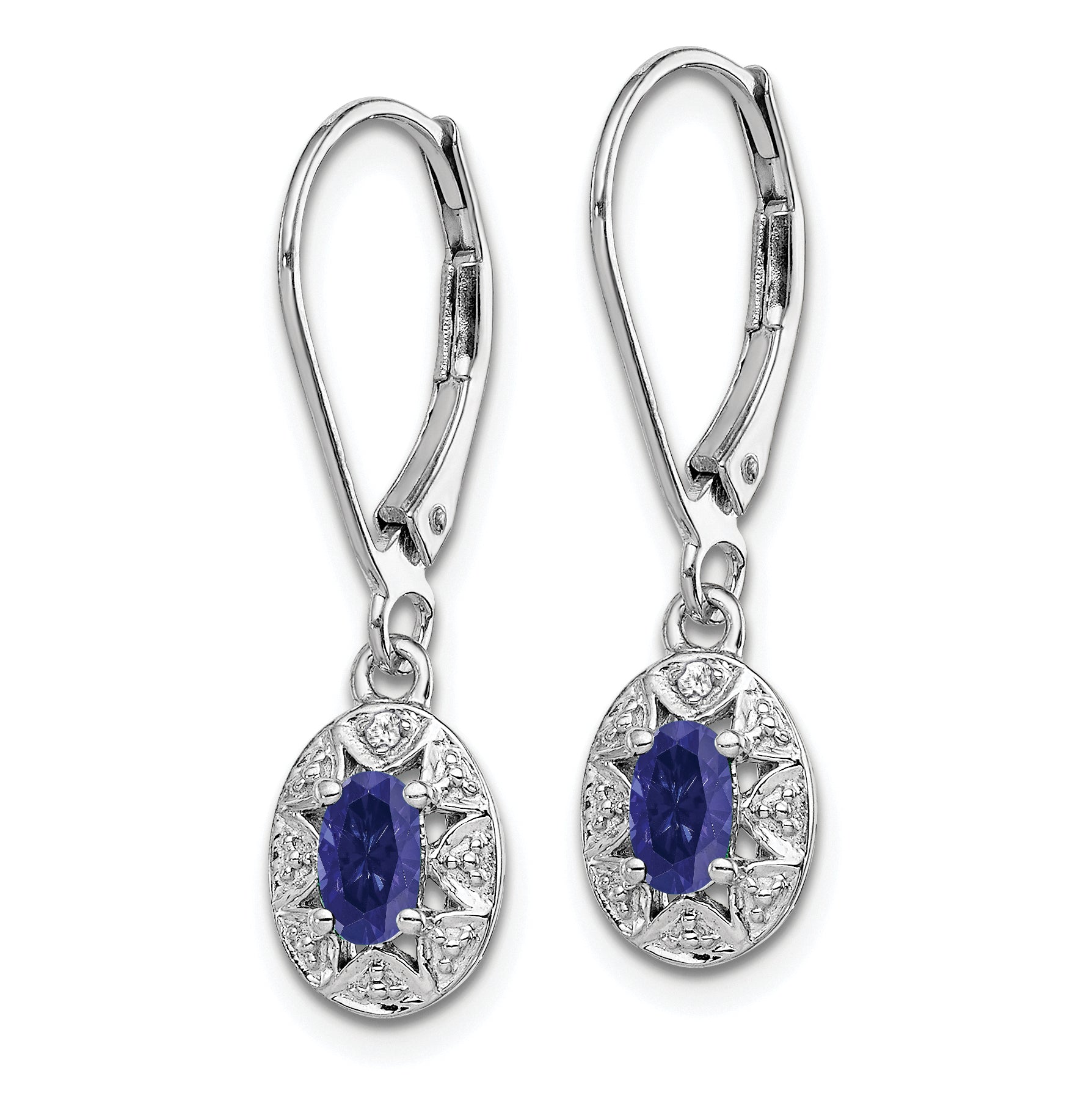 Sterling Silver Rhodium-Plated Sapphire & Diamond Drop Earrings Polished Oval Design Secondary image