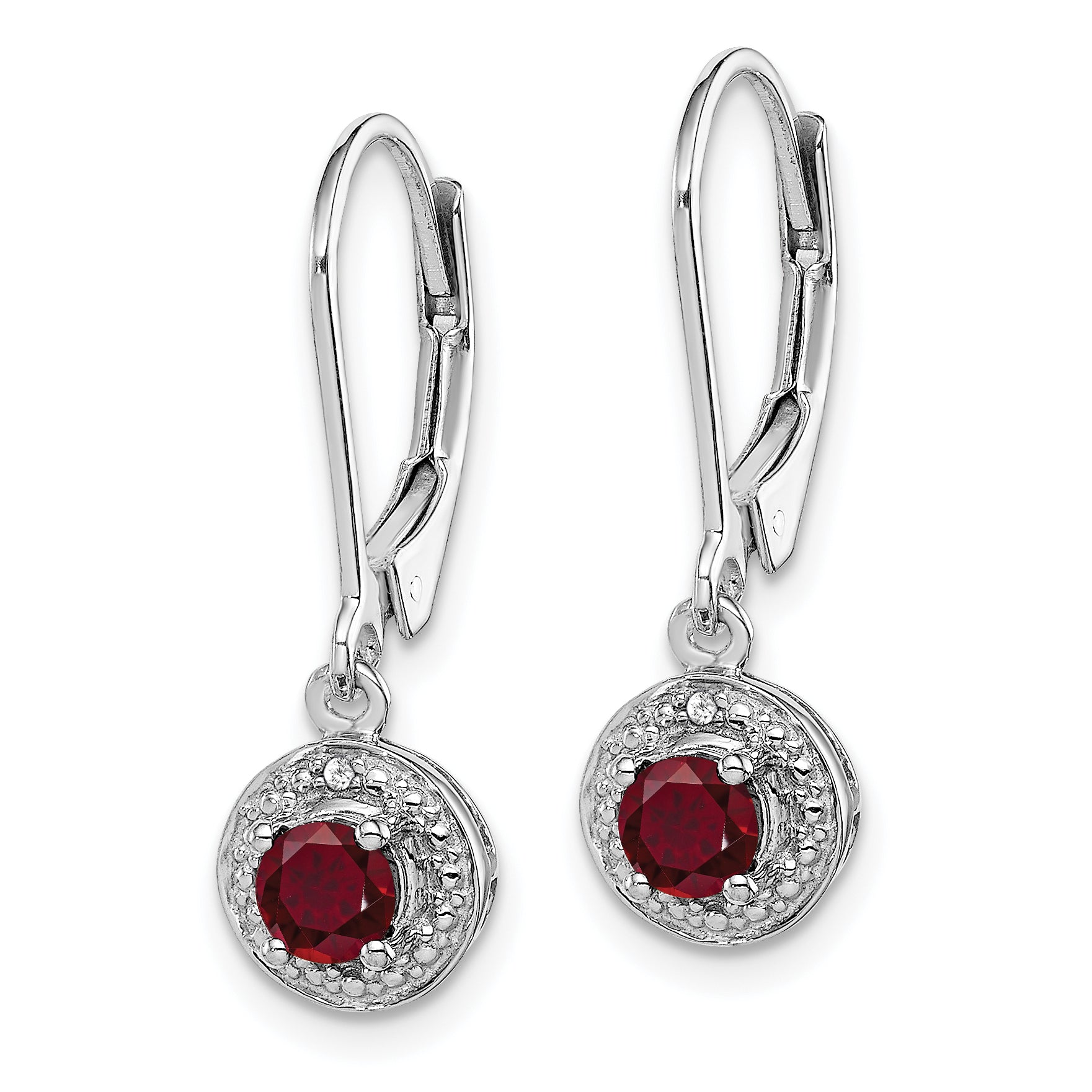 Sterling Silver Rhodium Plated Lab Created Ruby and Diamond Halo Dangle Leverback Earrings