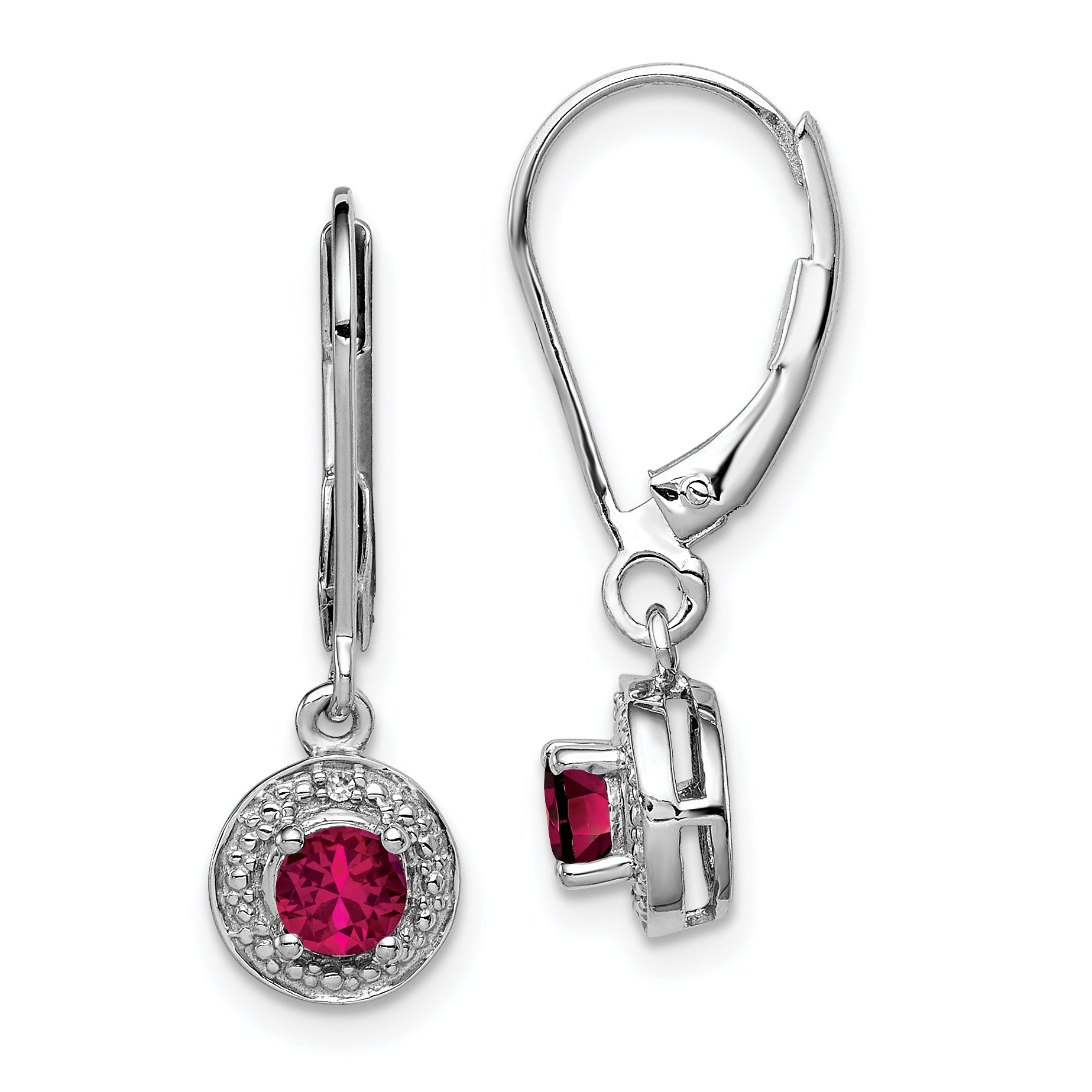 Sterling Silver Rhodium Plated Lab Created Ruby and Diamond Halo Dangle Leverback Earrings Main image
