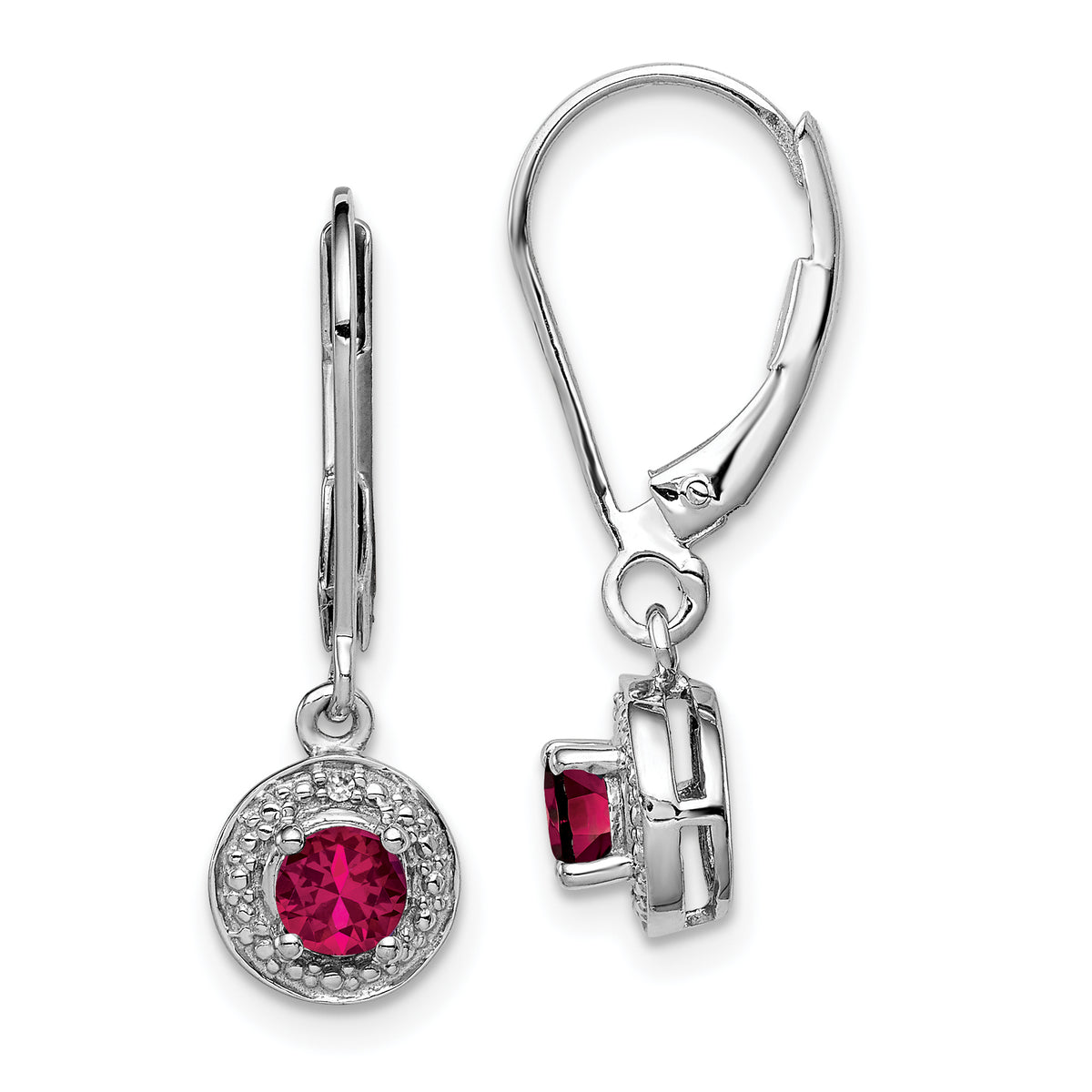 Sterling Silver Rhodium Plated Lab Created Ruby and Diamond Halo Dangle Leverback Earrings