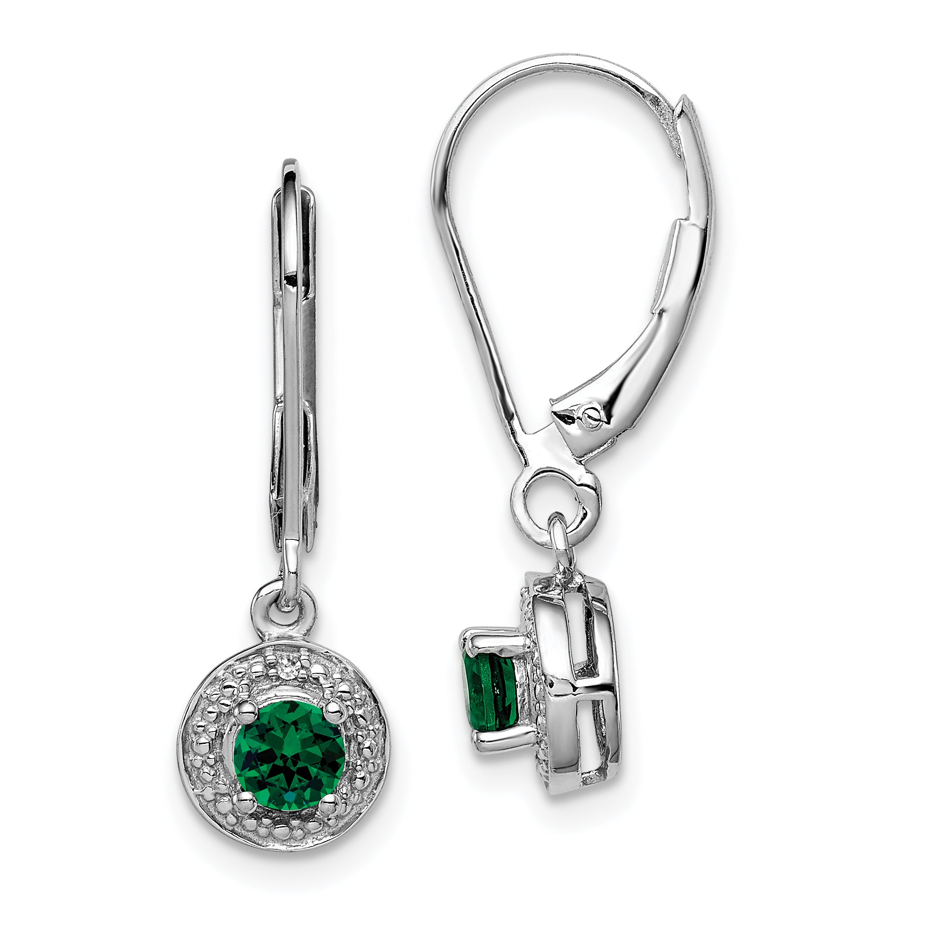 Sterling Silver Rhodium-plated Diam. & Created Emerald Earrings Main image