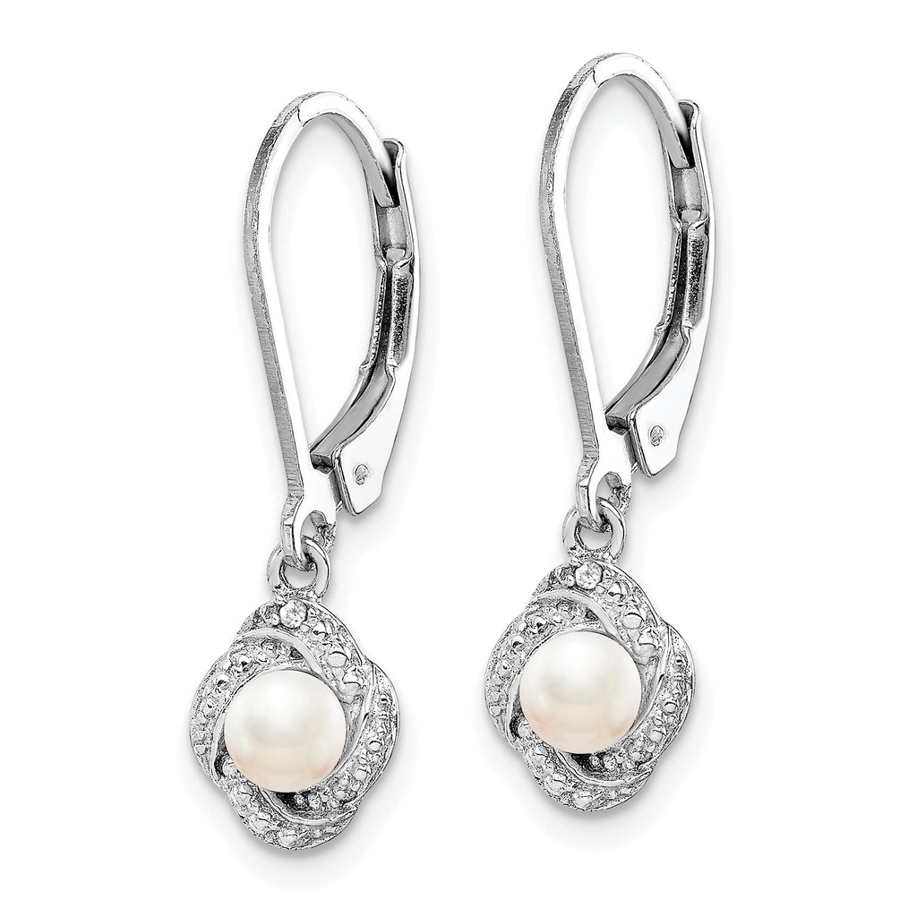 Sterling Silver Rhodium-Plated Pearl & Diamond Drop Earrings with Leverback Closure