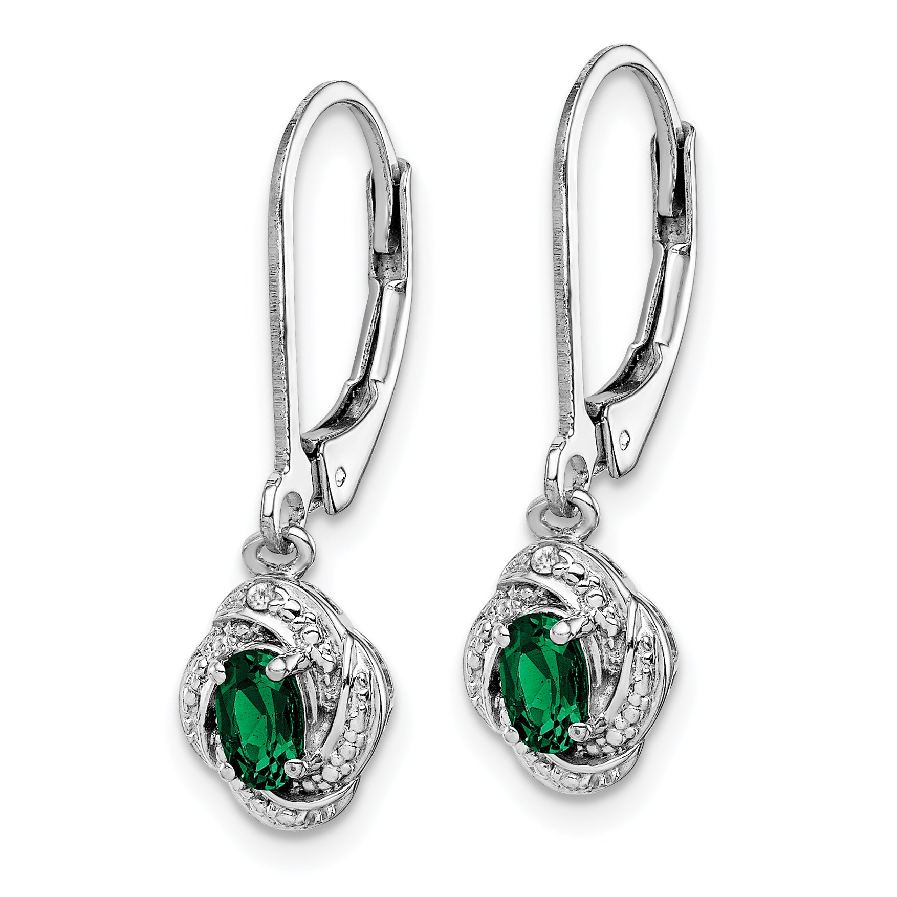 Sterling Silver Rhodium-Plated Drop Earrings with Lab-Created Emerald & Diamond Secondary image