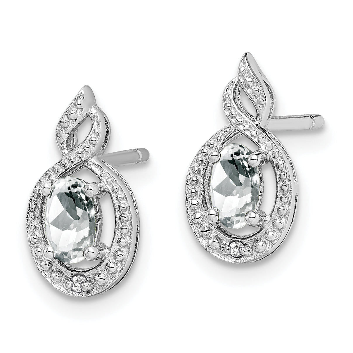 Sterling Silver 925 White Topaz & Diamond Button Earrings Rhodium-Plated Oval Design Secondary image