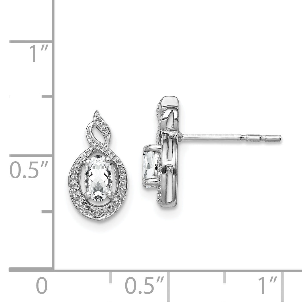 Sterling Silver 925 White Topaz & Diamond Button Earrings Rhodium-Plated Oval Design