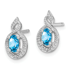 Sterling Silver Rhodium-Plated Blue Topaz & Diamond Button Earrings Elegant Birthstone Design