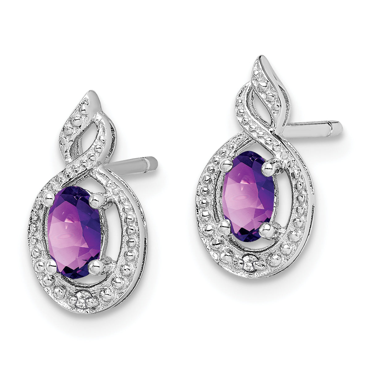 Sterling Silver 925 Amethyst & Diamond Button Earrings with Rhodium Plating Secondary image