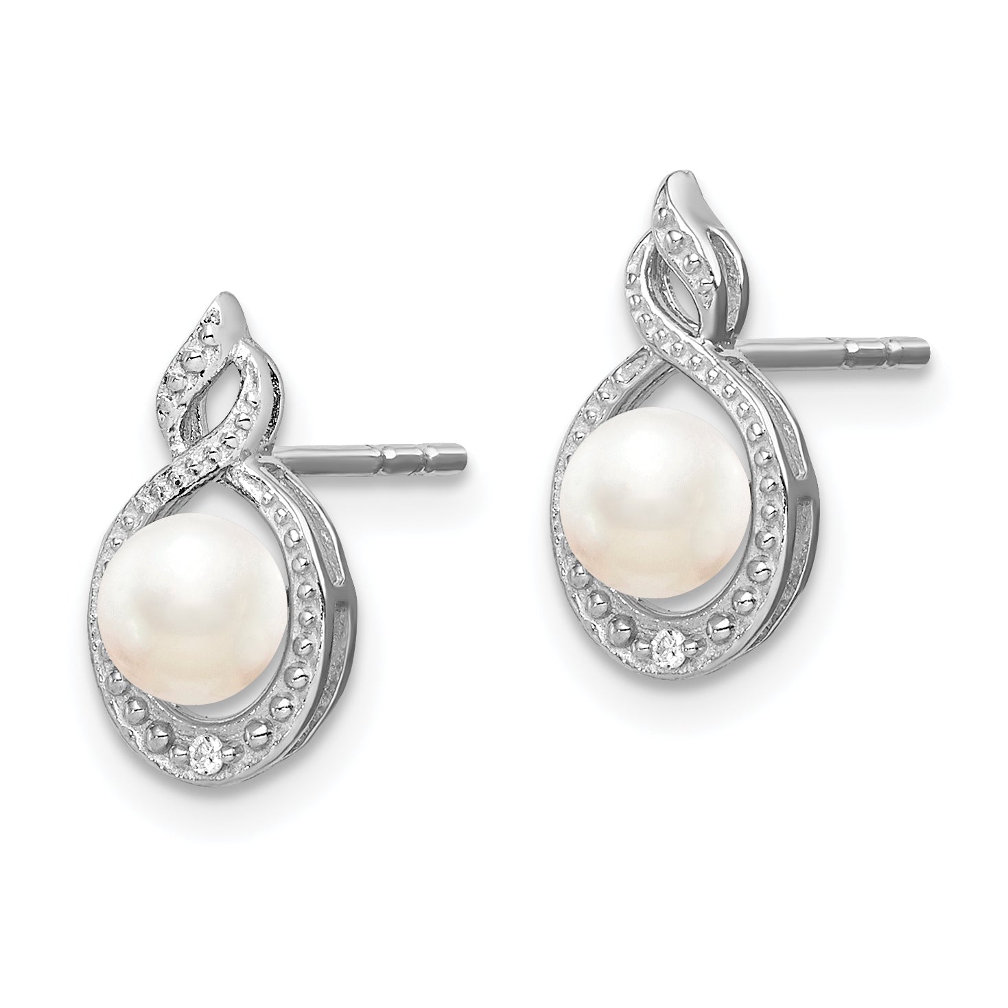 Sterling Silver 925 Rhodium-Plated Pearl & Diamond Button Earrings  Elegant June Birthstone Secondary image