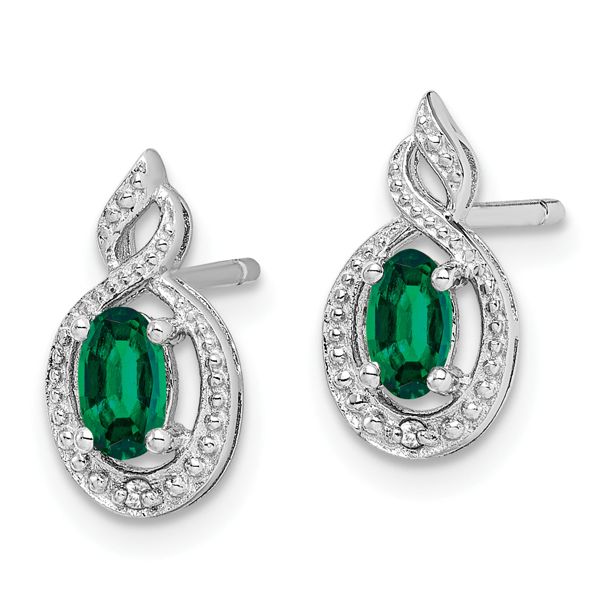 Sterling Silver Rhodium-Plated Emerald & Diamond Button Earrings  Elegant May Birthstone Design Secondary image