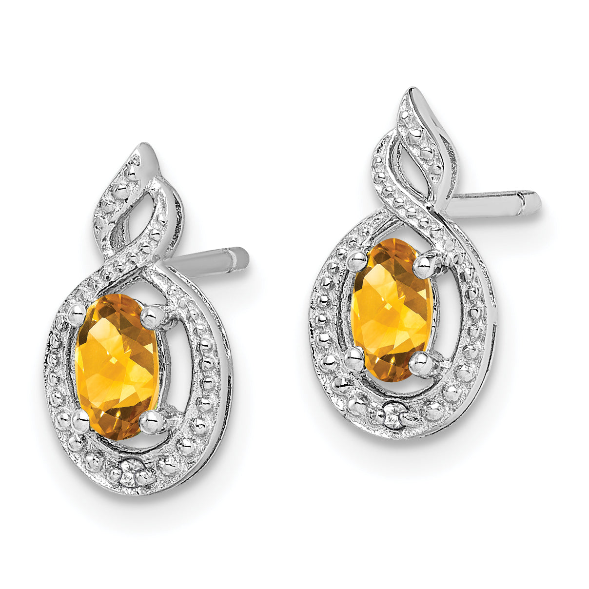 Sterling Silver Rhodium-Plated Citrine & Diamond Button Earrings November Birthstone Elegance