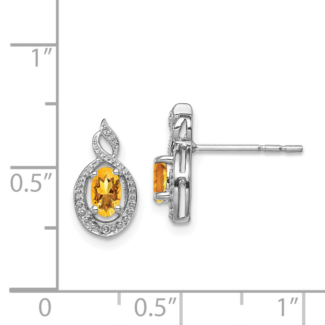 Sterling Silver Rhodium-Plated Citrine & Diamond Button Earrings November Birthstone Elegance