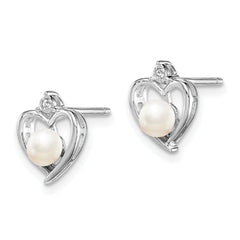 925 Sterling Silver Rhodium-Plated Pearl & Diamond Button Earrings for Women