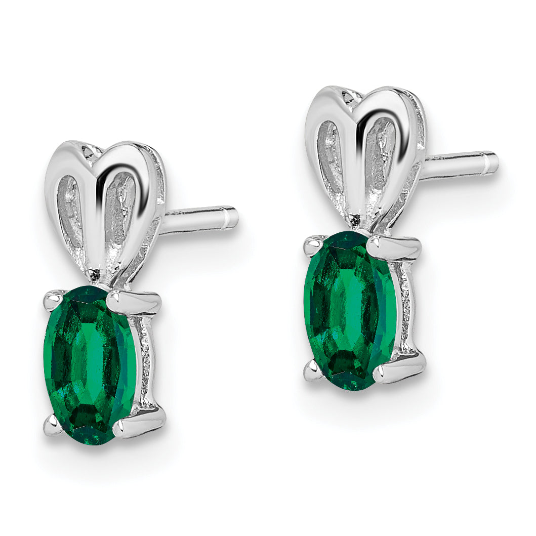 Sterling Silver Rhodium-Plated Created Emerald Earrings for Women  Polished Oval Cut Secondary image