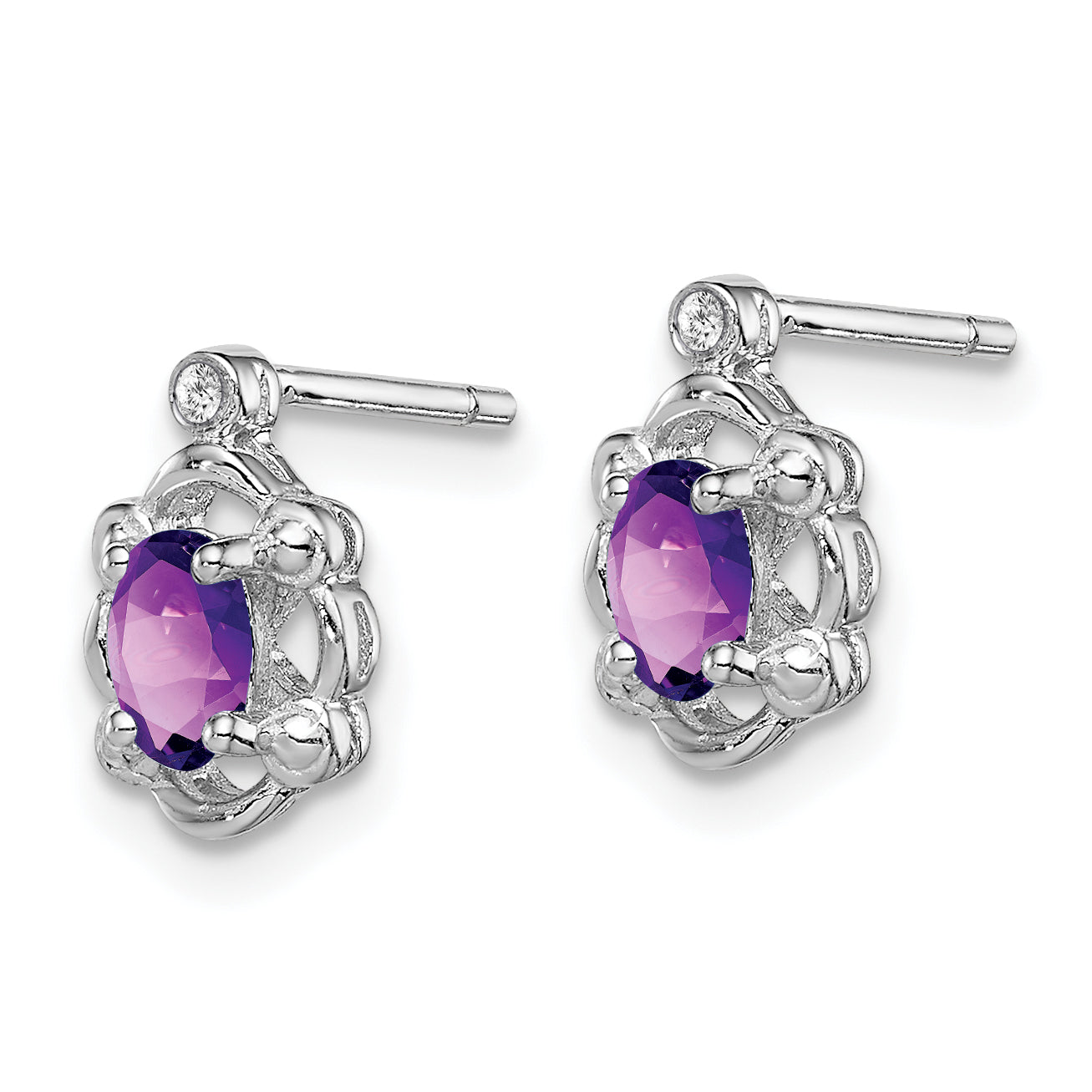 Sterling Silver Rhodium-Plated Amethyst & Diamond Earrings  Polished Oval Design Secondary image