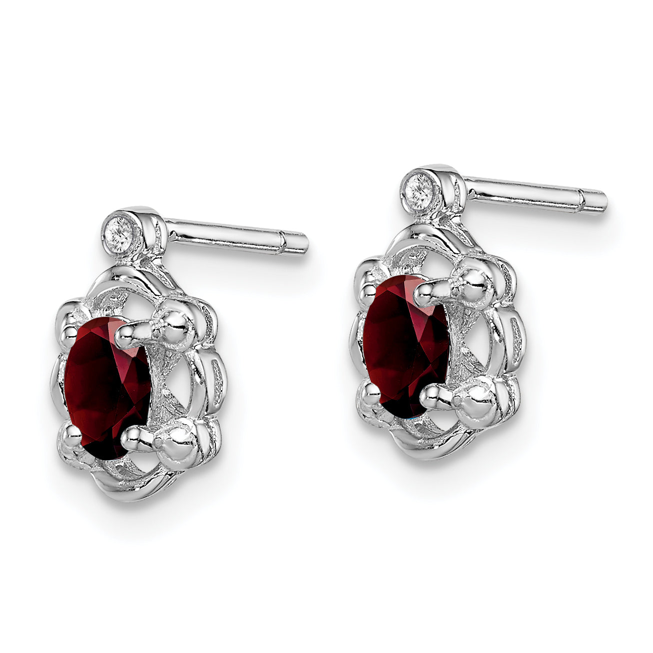 Sterling Silver Rhodium-Plated Garnet & Diamond Button Earrings  Elegant Birthstone Design Secondary image