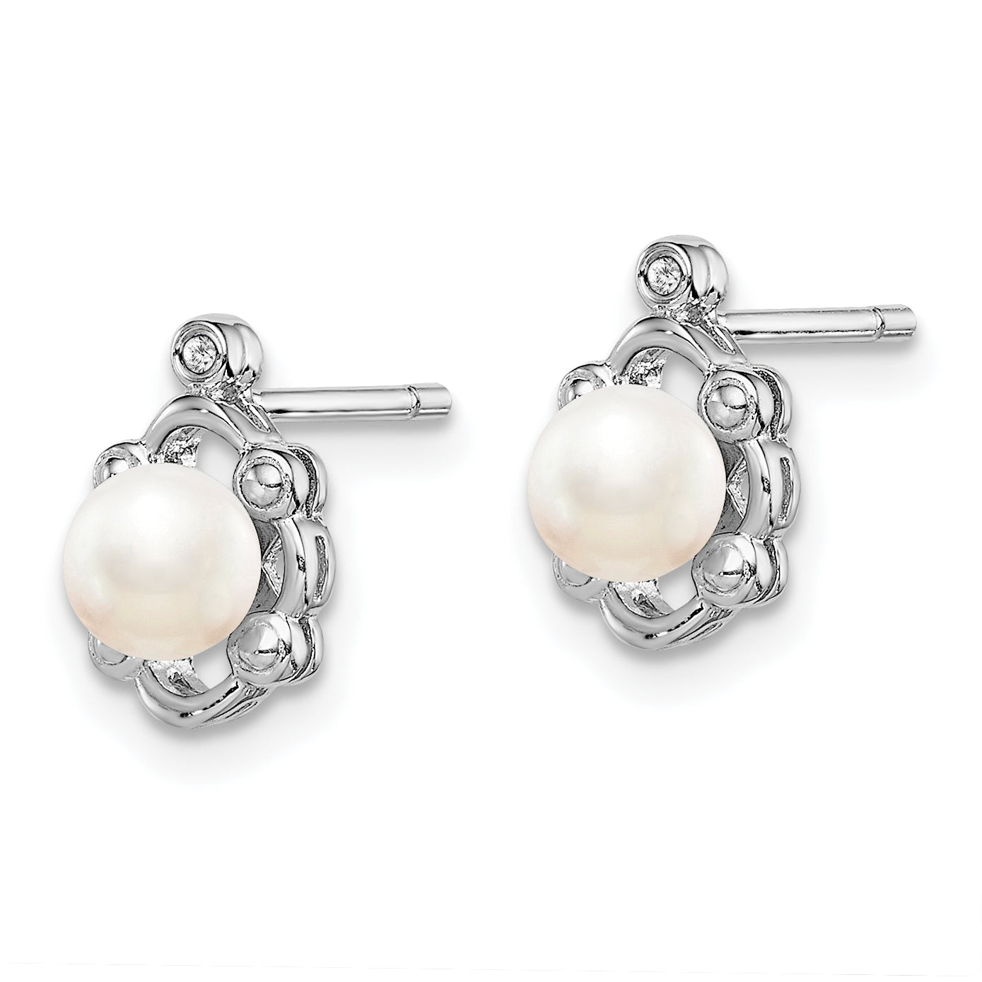 Sterling Silver Rhodium-Plated Pearl & Diamond Button Earrings  Elegant June Birthstone Design Secondary image