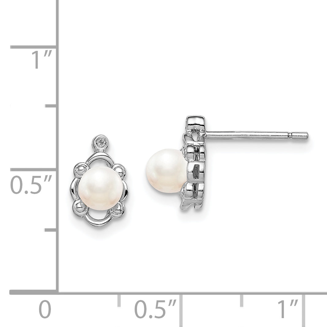 Sterling Silver Rhodium-Plated Pearl & Diamond Button Earrings  Elegant June Birthstone Design