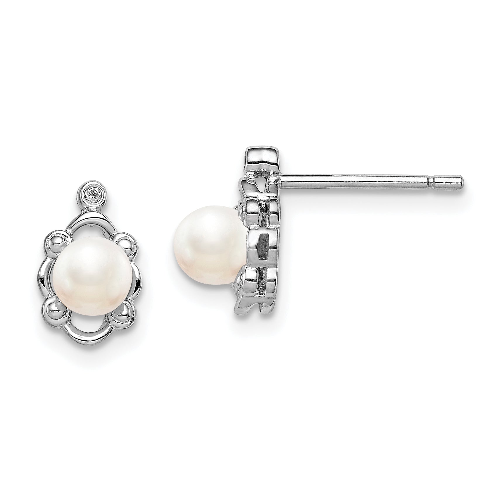 Sterling Silver Rhodium-plated FW Cultured Pearl & Diam. Earrings Main image
