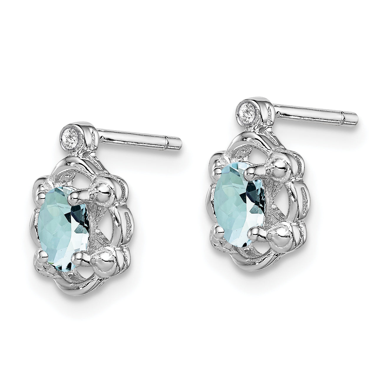 925 Sterling Silver Rhodium-Plated Aquamarine & Diamond Button Earrings  Polished & March Birthstone Secondary image