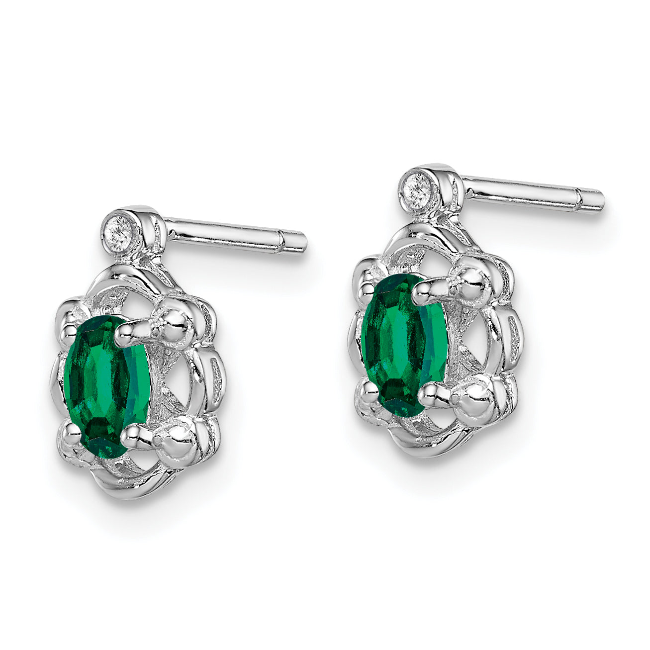 Sophia Jewelers Rhodium-Plated Sterling Silver Emerald & Diamond Earrings  Polished Oval Gem Secondary image