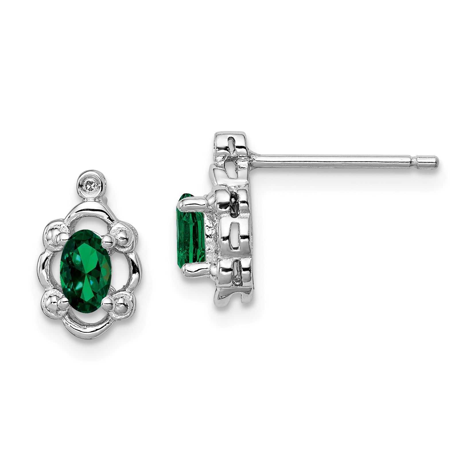 Sterling Silver Rhodium-plated Created Emerald & Diam. Earrings Main image