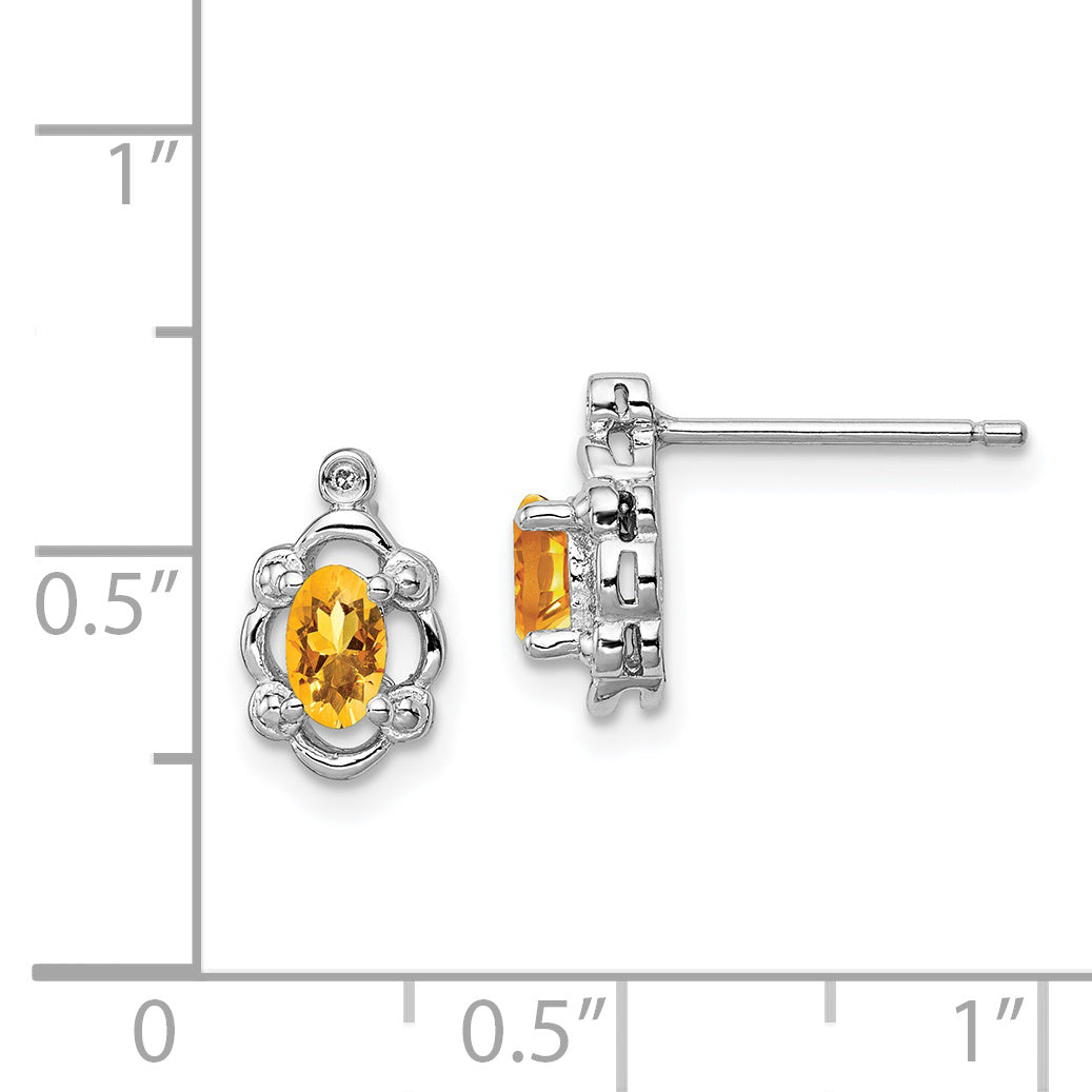 Sterling Silver Rhodium-Plated Citrine & Diamond Button Earrings  Polished Oval Design
