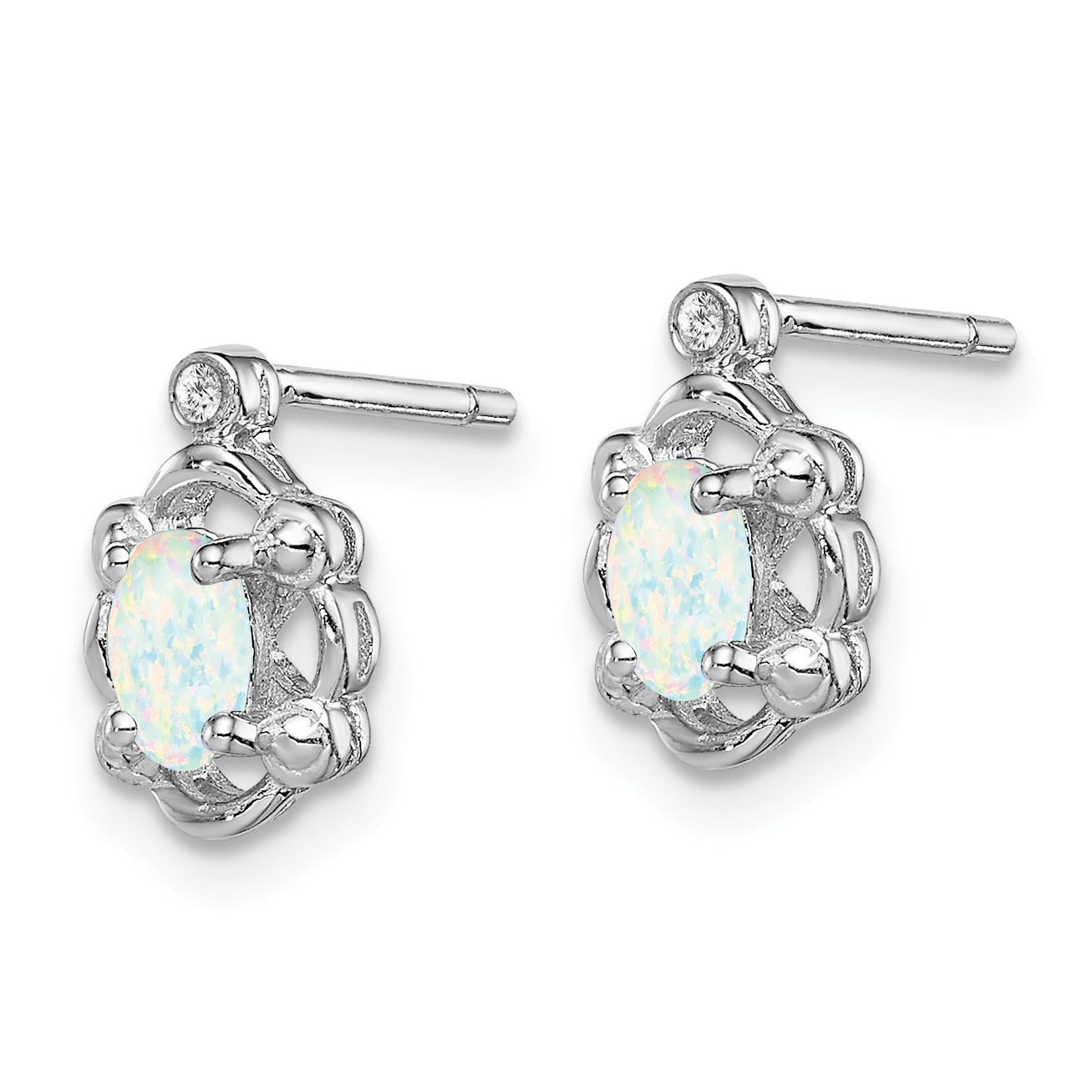 Sterling Silver Rhodium-Plated Opal & Diamond Earrings with Polished Finish Secondary image