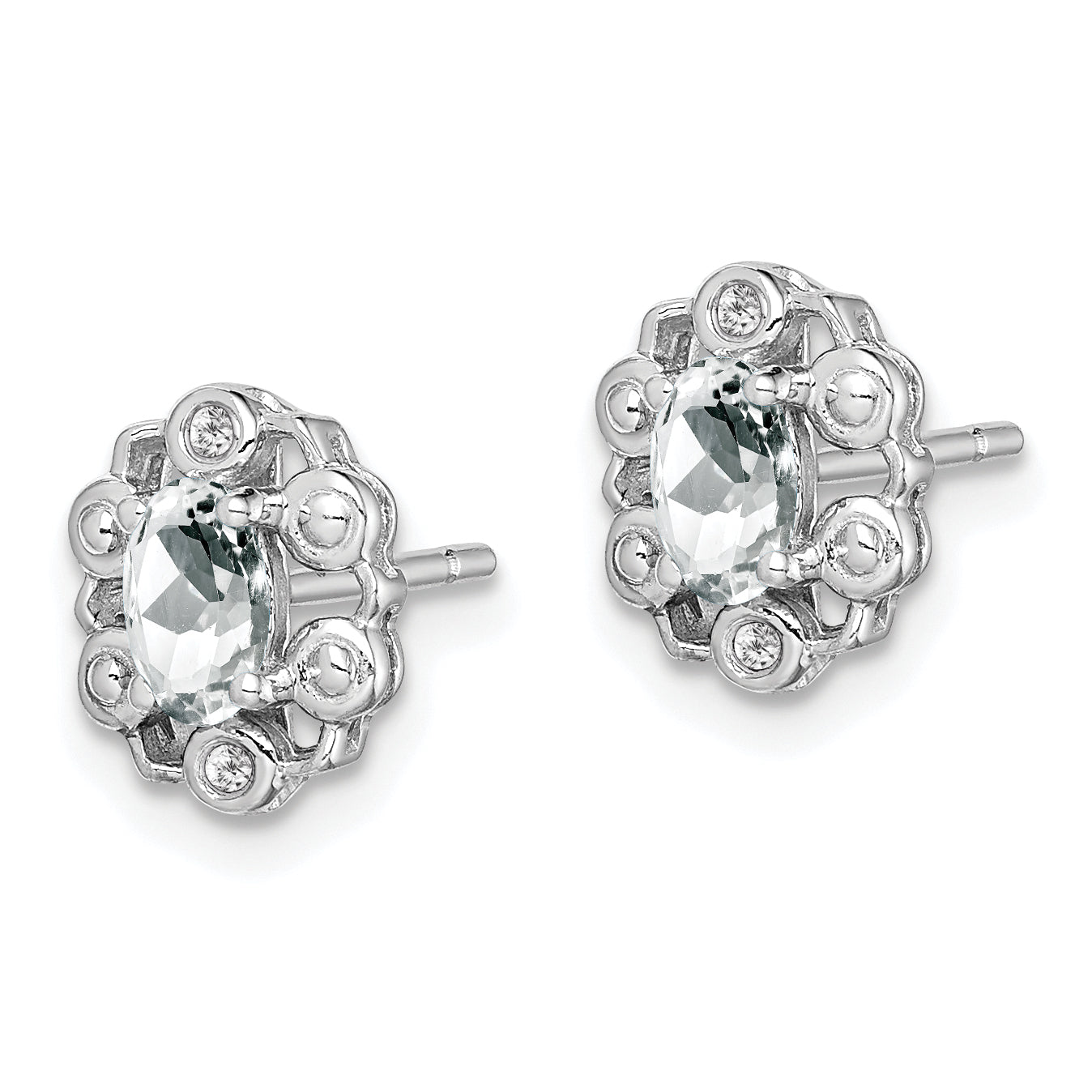 Sterling Silver 925 Rhodium-Plated White Topaz & Diamond Button Earrings Secondary image