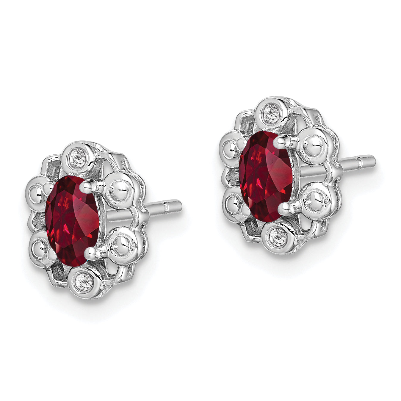 Sterling Silver Rhodium-Plated Ruby & Diamond Earrings Polished Button Style Secondary image