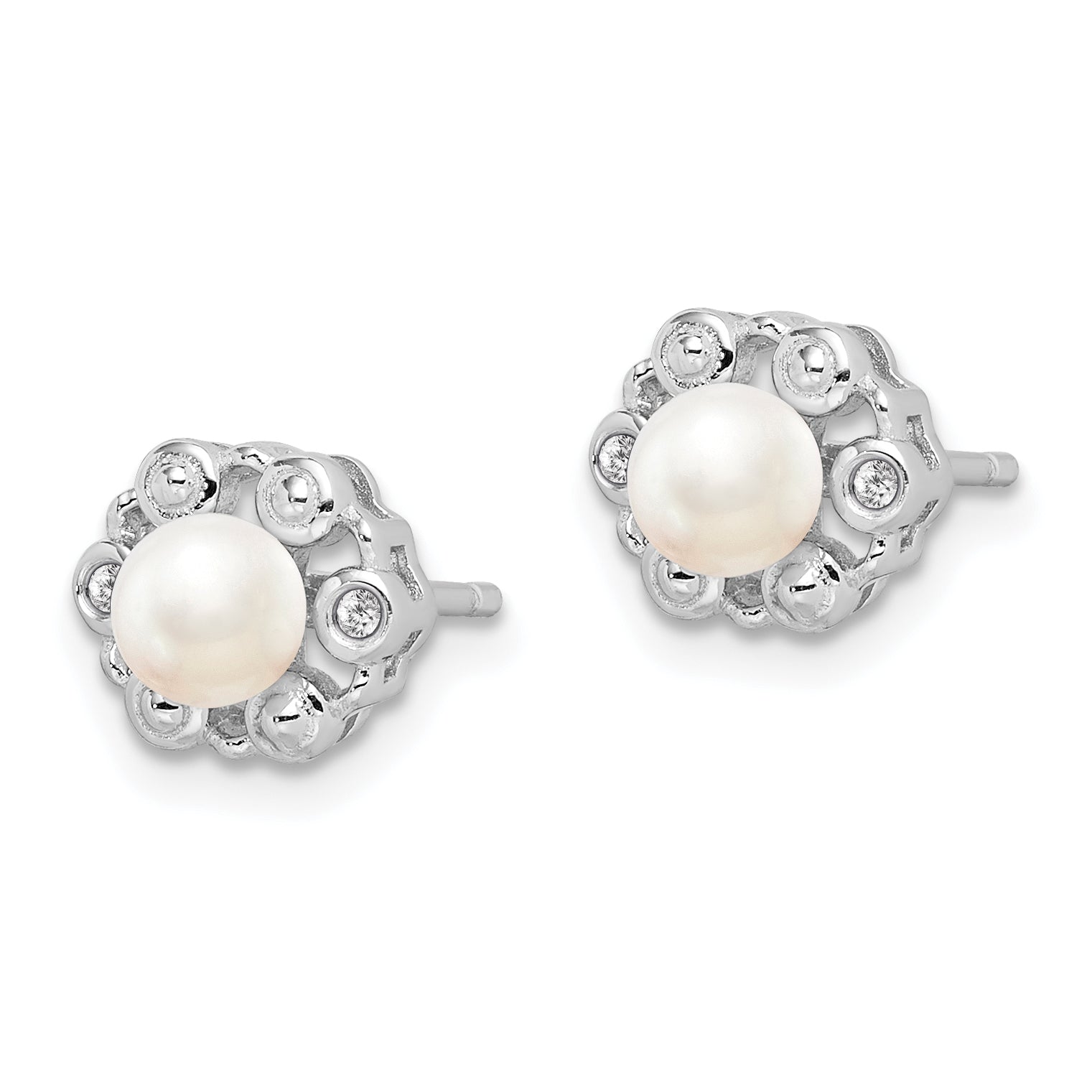 925 Sterling Silver Pearl & Diamond Button Earrings, Rhodium-Plated, Polished Finish Secondary image