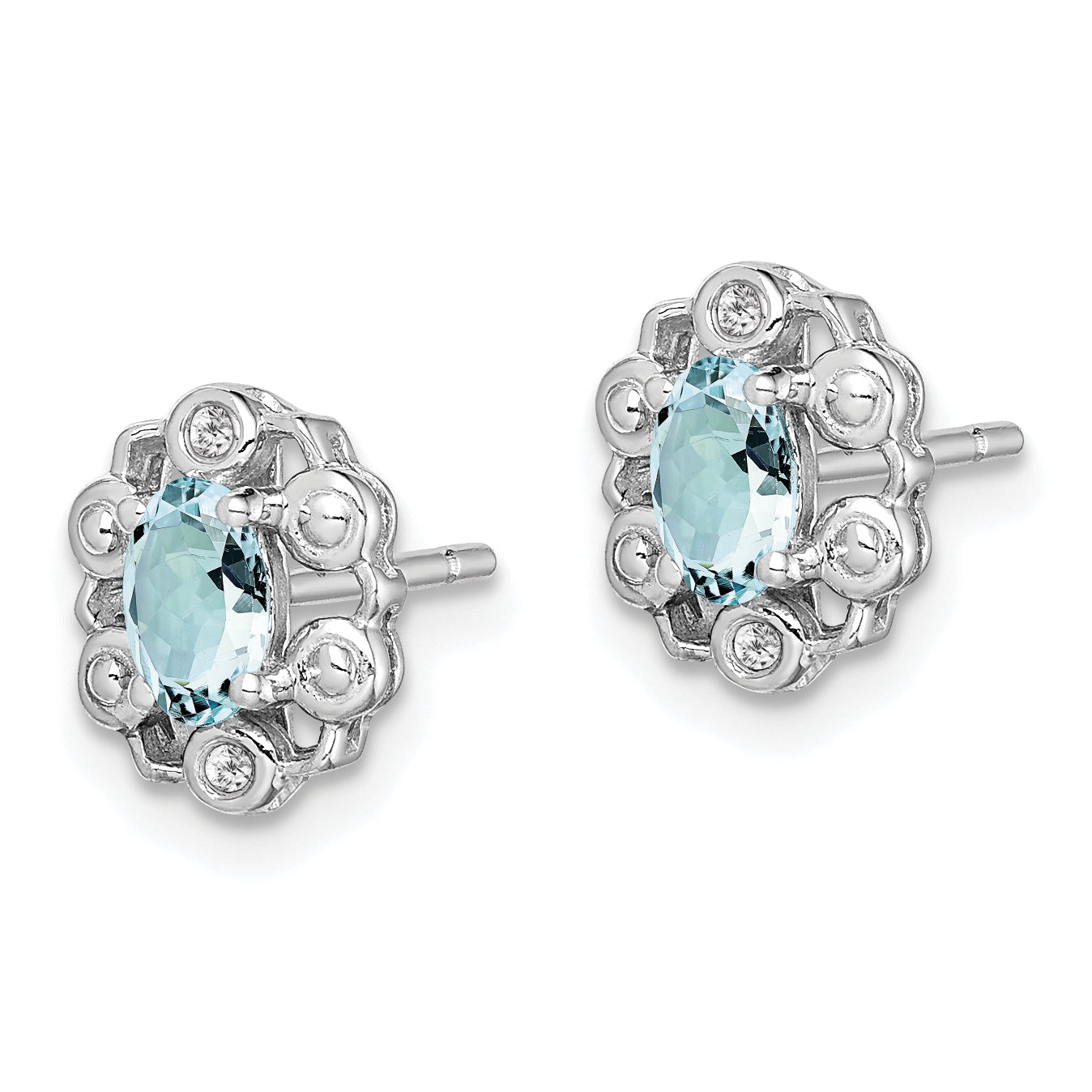 Sterling Silver Rhodium-Plated Aquamarine & Diamond Button Earrings  Polished Oval Cut Secondary image