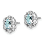 Sterling Silver Rhodium-Plated Aquamarine & Diamond Button Earrings  Polished Oval Cut