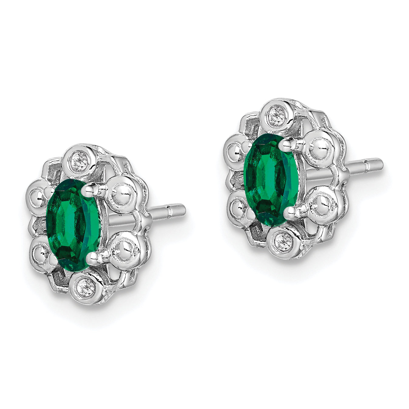 Sterling Silver Rhodium-Plated Emerald & Diamond Earrings Oval-Cut Elegant Design Secondary image