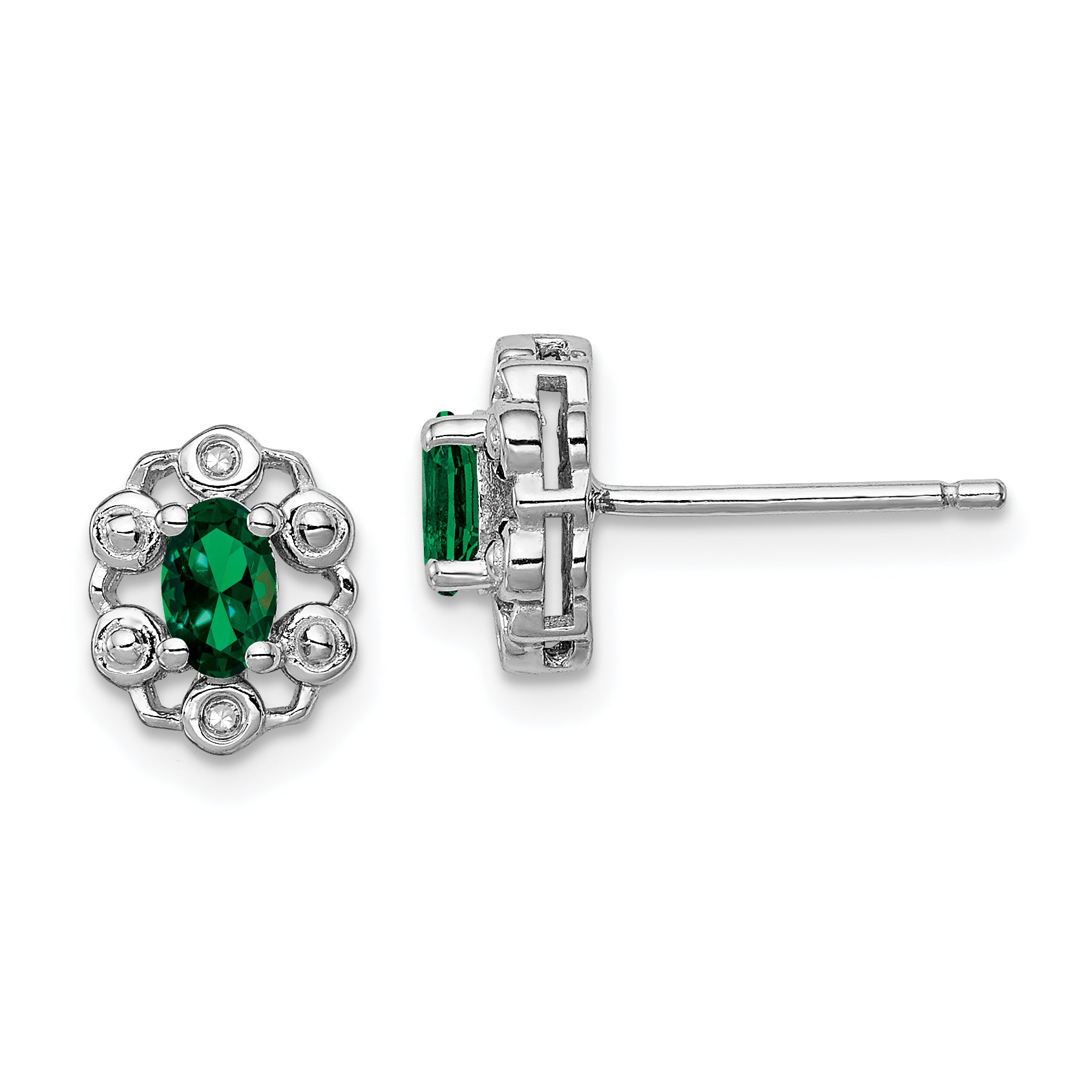 Sterling Silver Rhodium-plated Created Emerald & Diam. Earrings