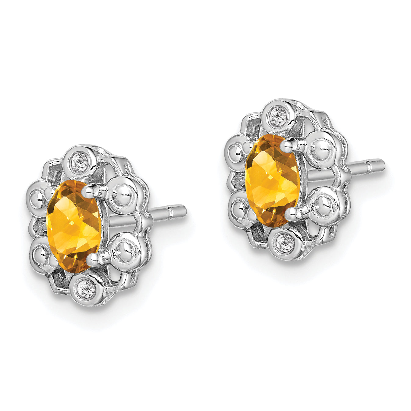 Sterling Silver 925 Citrine & Diamond Button Earrings Rhodium-Plated, Polished Finish Secondary image