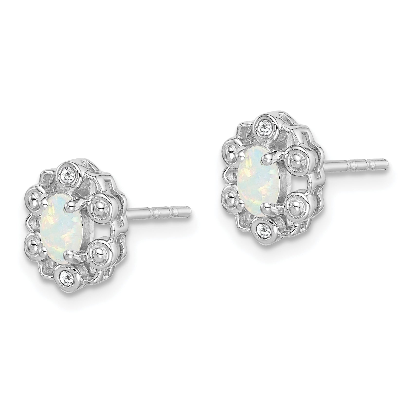Sterling Silver Rhodium-Plated Opal & Diamond Button Earrings  Polished, October Birthstone