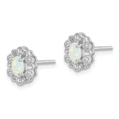 Sterling Silver Rhodium-Plated Opal & Diamond Button Earrings  Polished, October Birthstone