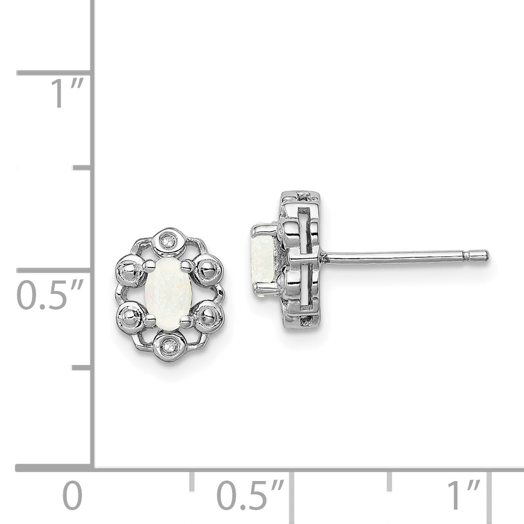 Sterling Silver Rhodium-Plated Opal & Diamond Button Earrings  Polished, October Birthstone