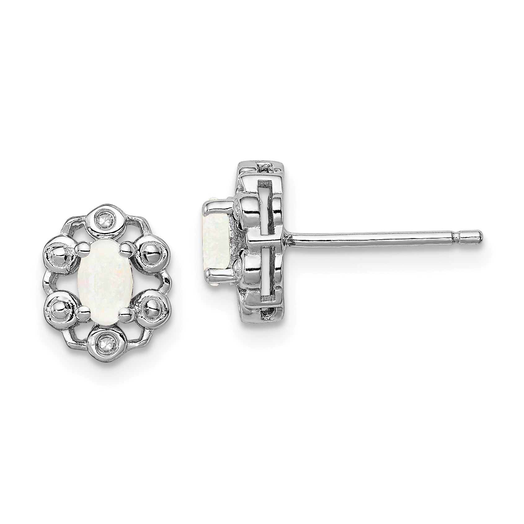 Sterling Silver Rhodium-plated Created Opal & Diam. Earrings