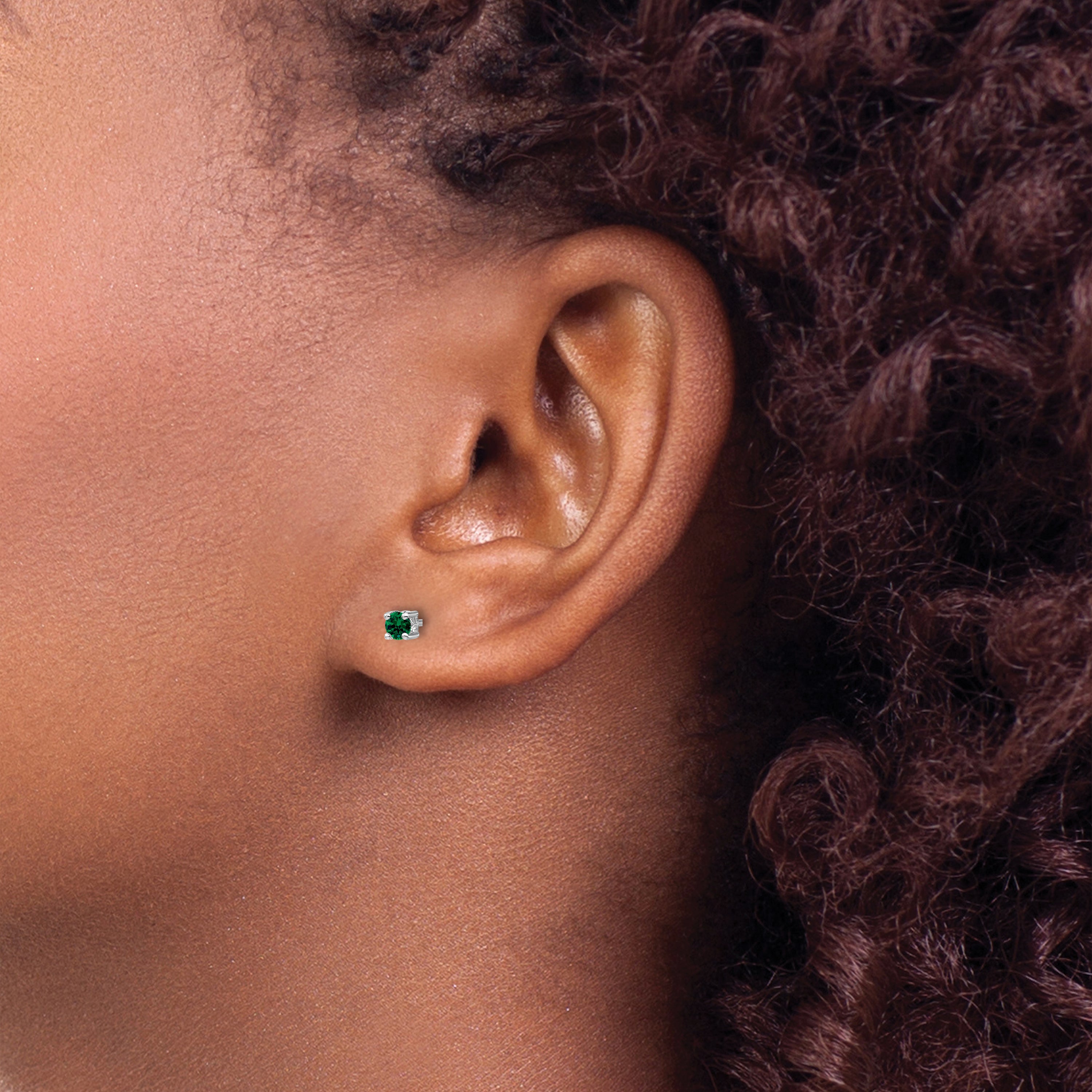 Sterling Silver 3mm Created Emerald Stud Earrings with Rhodium Finish