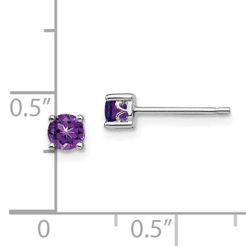 Sterling Silver Rhodium-plated 4mm Round Amethyst Post Earrings