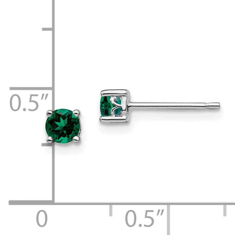 Sterling Silver Rhodium-plated 4mm Round Created Emerald Post Earrings