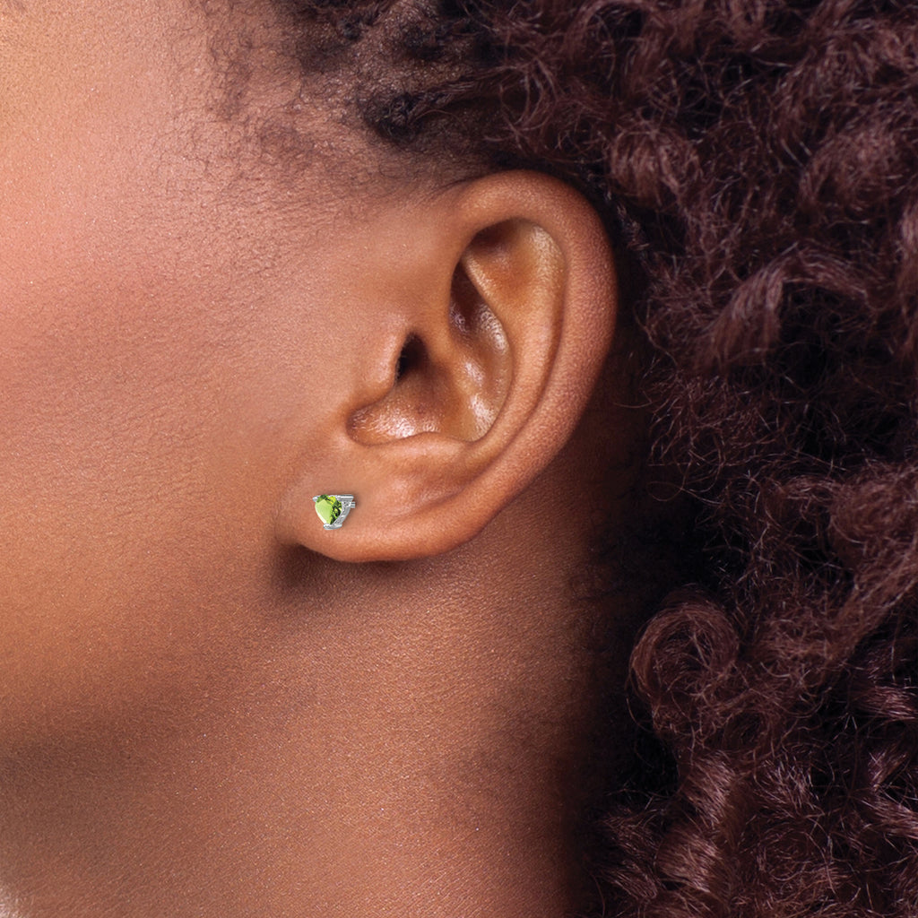 Sterling Silver 4mm Heart Peridot Stud Earrings with Rhodium Finish